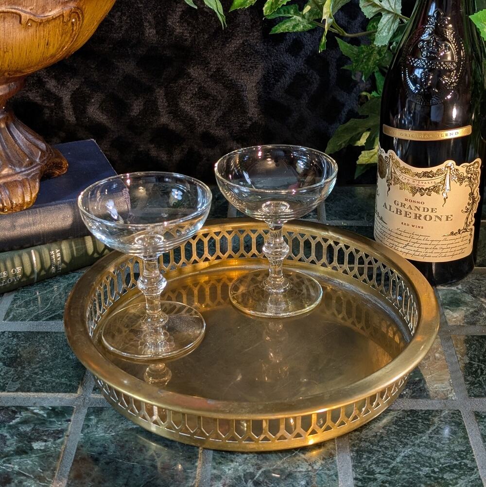 10 in Vintage MCM Solid Brass Tray Pierced Gallery Rim, Heavy Patina, Hong Kong